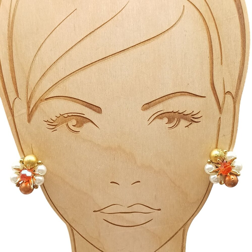 Vintage Autumn Cluster Clip-On Earrings Gold & Faux Pearl Beads with Faceted Ora